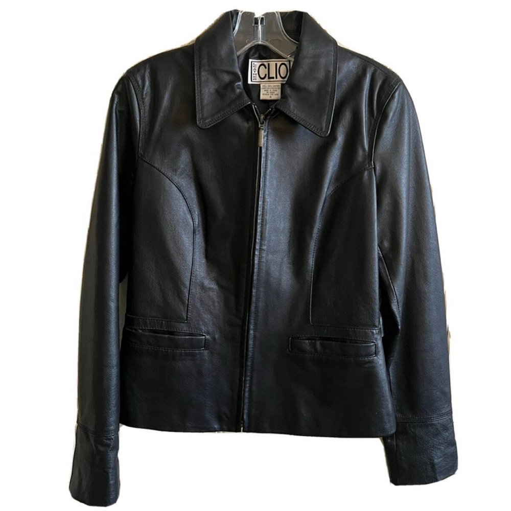 Vintage Clio  Black Leather Moto Style Jacket Size 10 Zipper Front Pocket